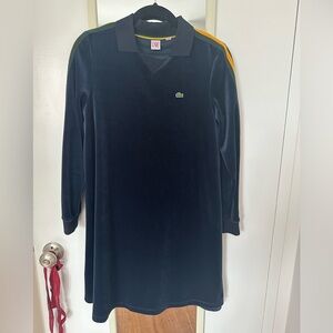 Lacoste Velvet Long Sleeve Polo Dress with Yellow and Green Stripes. Navy Blue